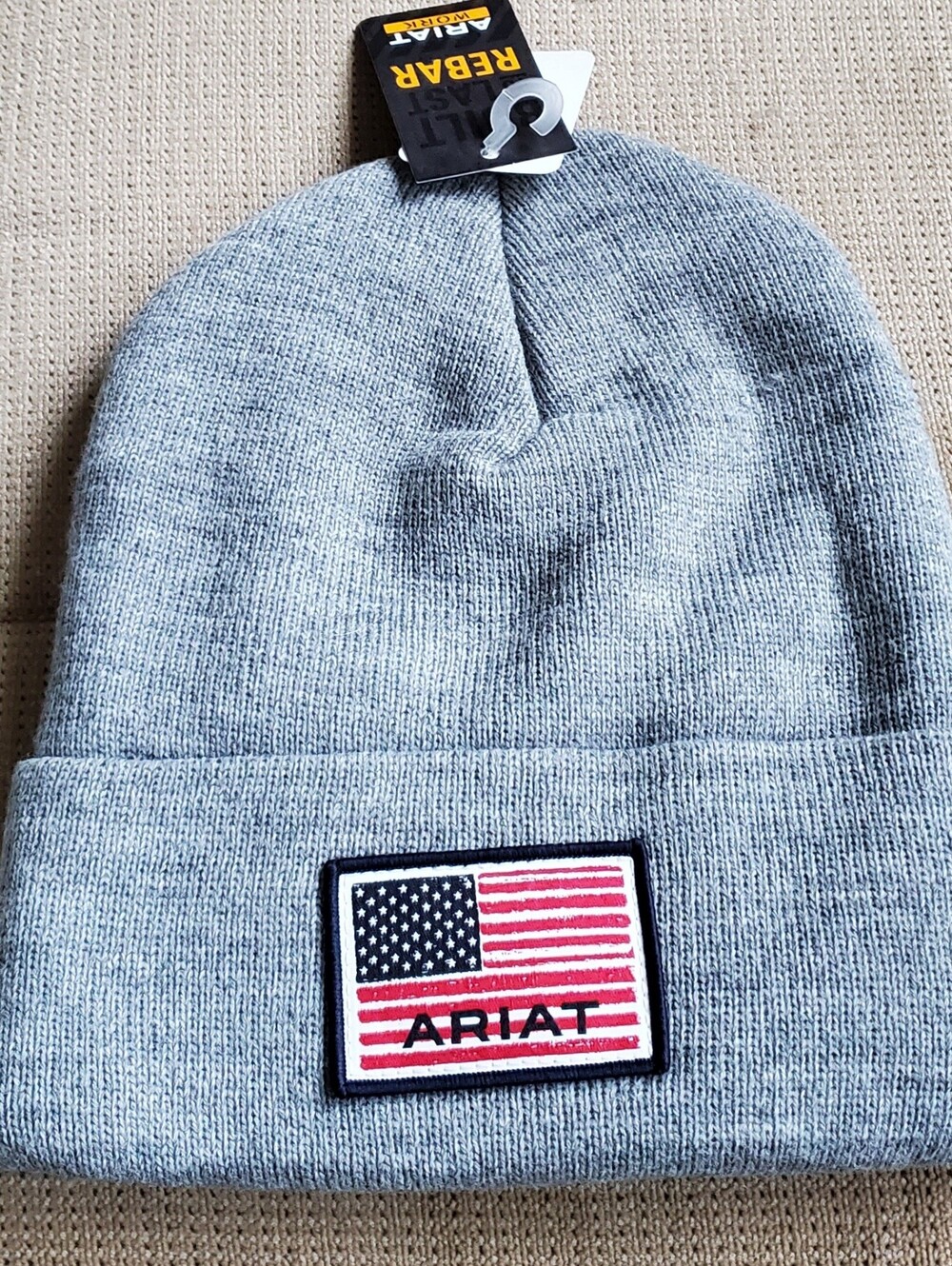 Ariat Rebar ⁹Gray Knit Beanie with American Flag Patch